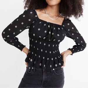 Madewell Georgette Square-Neck Smock-Waist Top in Bloom Dot Sz M - EUC